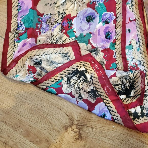 Vintage Oscar de la Renta Scarf, Floral, Silk, Rectangular, Red Purple Flowers - Picture 2 of 4